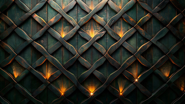 Interior view of a wall featuring traditional Japanese Kumiko wooden panels with soft emerald and gold LED backlighting.