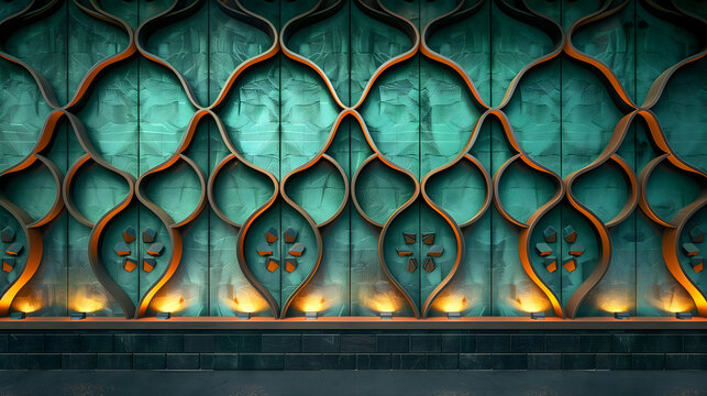 Interior view of a wall featuring traditional Japanese Kumiko wooden panels with soft emerald and gold LED backlighting.