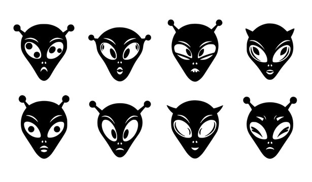 Decorative funny alien face silhouette vector illustration in bold black flat style for novelty designs