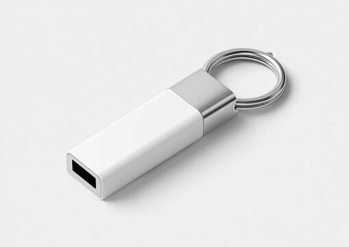 Sleek white and silver USB flash drive on a white background