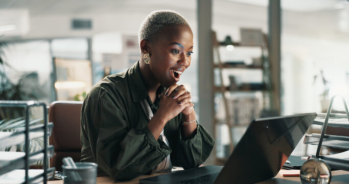 Laptop, surprise and research with business black woman in office for success, email marketing and journalist. Newsletter winner, online editor and columnist shock with person in creative agency