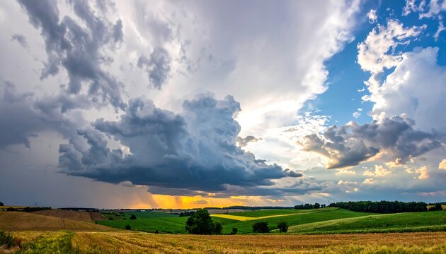 Panoramic view of a stormy sky over rolling green and gold fields