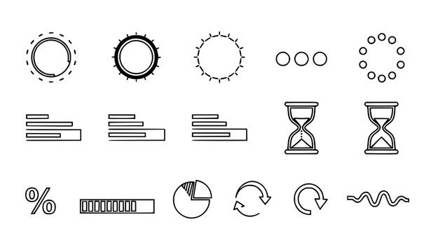 Preloader vector icons set with loading, spinner, and progress symbols in minimalist line style