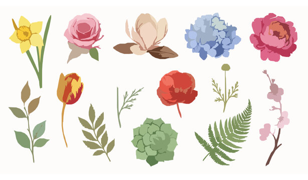 Watercolor floral vector collection with daffodil, magnolia, tulip, and peony for wedding and stationery