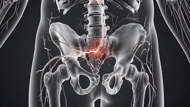 3D Medical Animation of Pelvic Bone Structure Showing Neural Pathways and Red Inflammation or Pain Signals Originating from the Sacrum Area with a Dark Anatomical Background and Subtle Lighting
