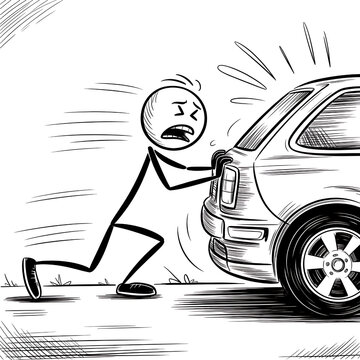 Stick Figure Car Trouble: Struggling Cartoon's DIY Repair in Quirky Black and White Sketch with Motion Lines and Frustration Humor in a Relatable Rural Setting