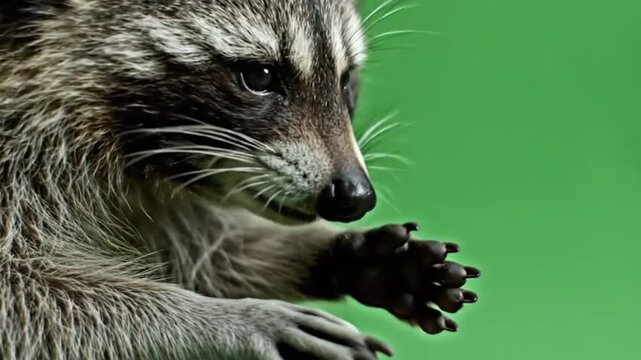 Furry raccoon standing on green background