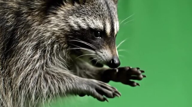 Furry raccoon standing on green background