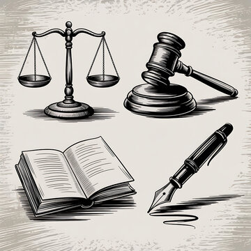 Justice System Scales and Courtroom Elements: Essential Legal Symbols for Legal Practice and Judiciary Illustrations