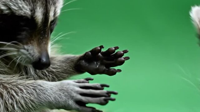 Furry raccoon standing on green background