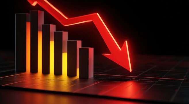 A glowing red arrow points downward over a bar chart, visually representing a decline or decrease in data or performance.