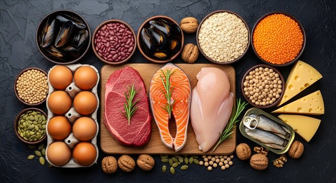 Raw beef steak salmon fillet and fresh chicken breast are arranged on a wooden board surrounded by various protein sources including eggs mussels legumes nuts seeds and yellow hard cheese