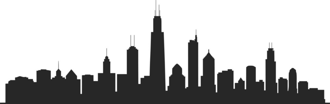 Urban city skyline silhouette with modern skyscrapers, downtown architecture panorama, metropolitan landscape concept, business district buildings isolated on white background