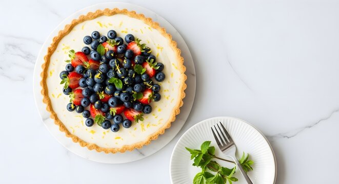 A delectable homemade fruit tart featuring fresh blueberries, strawberries, lemon zest, and mint leaves sits elegantly on a white marble surface, ready to be enjoyed as a vibrant dessert.
