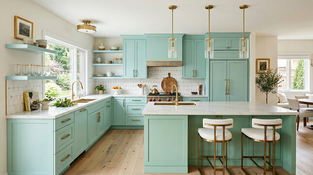 A luxury modern kitchen interior in a new contemporary home features elegant wood cabinets, a sleek counter with a sink, and high-end appliances like a stove and oven in a bright domestic room