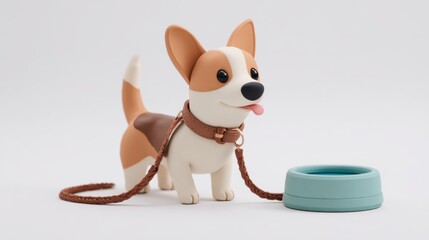 Fototapeta premium Playful Dog with Leash and Water Bowl in Minimal Clay Style for Charming Pet Scenes