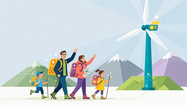 Famiglia in escursione verso una pala eolica: concetto di energia pulita