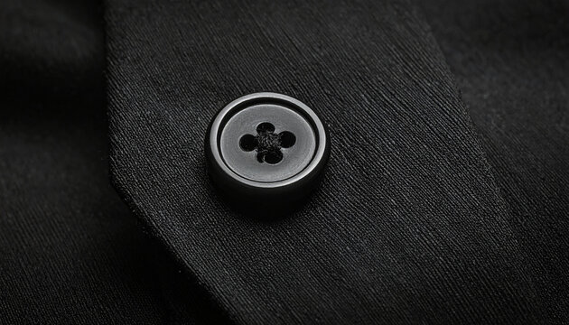 Close up of a black four hole button on a textured black fabric clothing detail