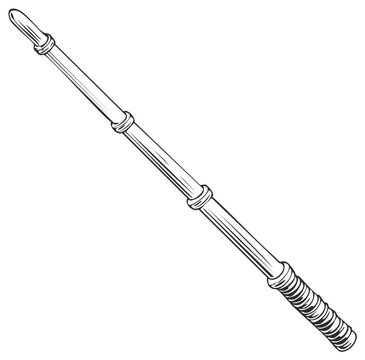 Black and white illustration of a magical staff with ornate rings and a textured handle