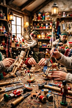 Hands crafting wooden toys in a bustling elf workshop. Making a nutcracker and rocking horse on a rustic table with tools and wood shavings