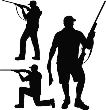 Hunting Silhouette Set Featuring Men with Shotguns in Standing, Kneeling, and Walking Poses for Outdoor Sport Design