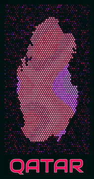 Qatar digital style hexagon map. Vibrant magenta purple pink neon dotted shape. Country tiny bright hexagon cells. Qatar honeycomb map design. Modern Vector Illustration.