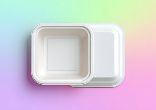 Two blank white square food containers, one open, one closed