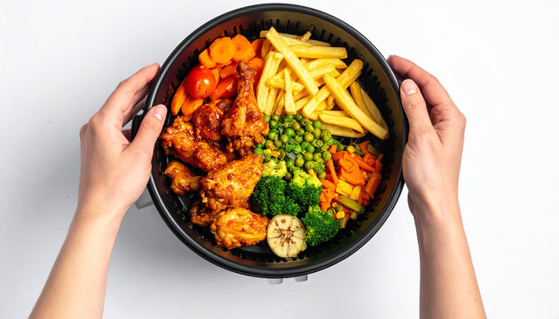 Hands holding an air fryer basket full of cooked food including chicken and fries