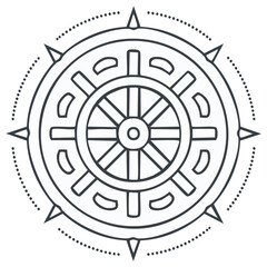 Obraz premium Buddhist Dharma Wheel symbol with compass points and dotted circle