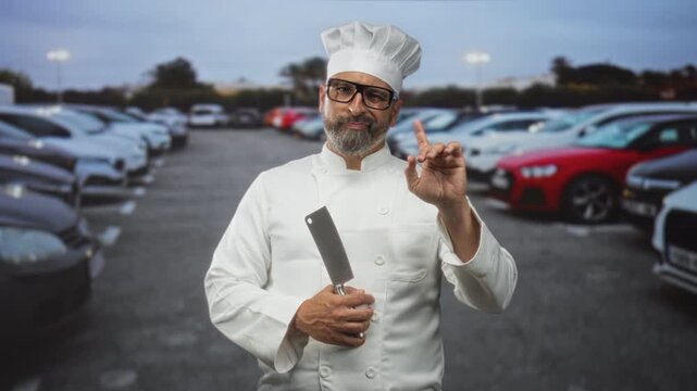 Man chef holding cleaver and wearing uniform and hat on a street parking lot with cars and pavement; confidence precision.