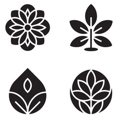 Fototapeta premium Set of four stylized black and white vector icons representing nature and growth elements.