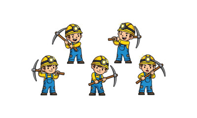Fototapeta premium Cute cartoon miners with pickaxes and helmets illustration.