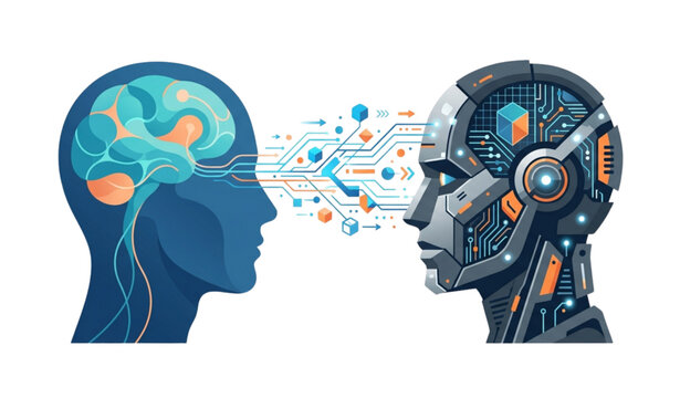 AI vs human mind transfer concept vector artificial intelligence and human brain technology illustration