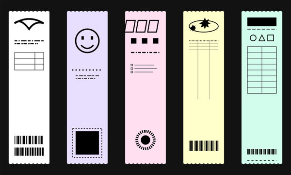 Hand-drawn Y2K aesthetic pastel receipt ticket elements with barcodes icons and trendy geometric shapes illustration