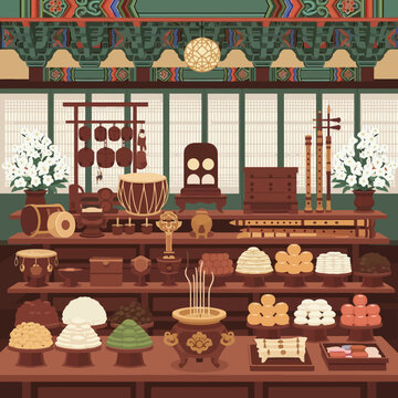 Korean Traditional Ancestral Rite Table with Musical Instruments
