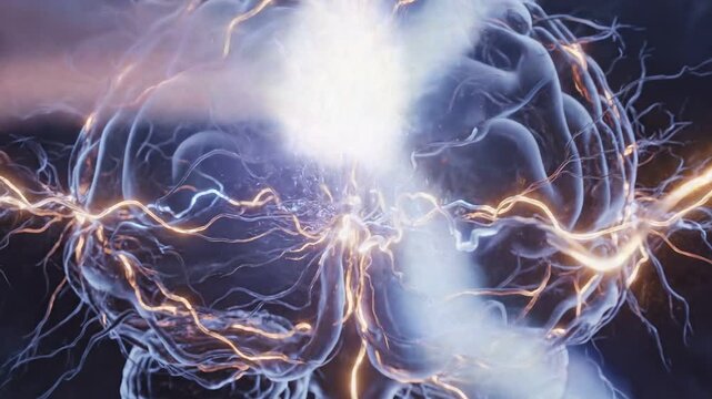 Abstract representation of electric brain activity with glowing neurons  