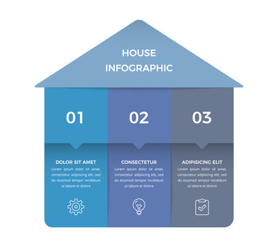 Business infographic template designed in the shape of a house with three vertical numbered columns, ideal for presenting real estate stages or home related project data