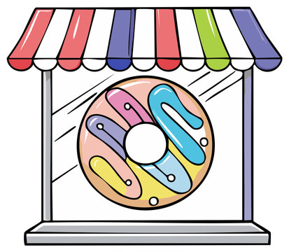 Delicious pink glazed donut displayed in a shop window with a colorful awning, creating a sweet and tempting illustration.