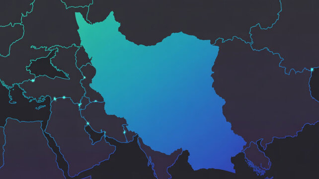 Outline of iran on map with gradient blue and green colors symbolizing internet connection.