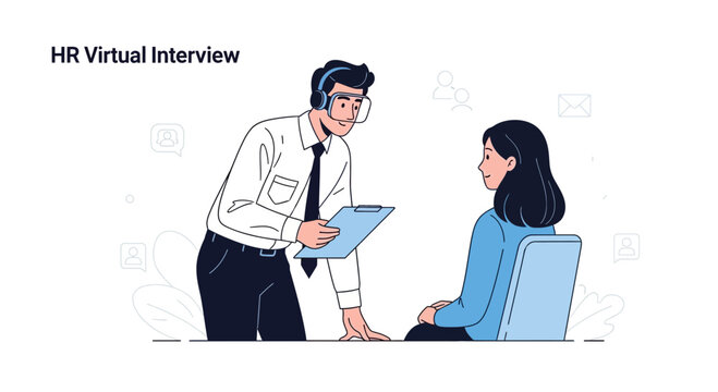 HR Virtual Interview: Man in Headphones Interviews Woman Online