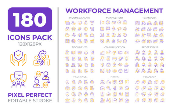 Workforce management two color line icons set collection. Talents hiring strategy. Salary and employee payrolls bicolor outline mega pack isolated, pixel perfect. Duotone thin lineart. Editable stroke