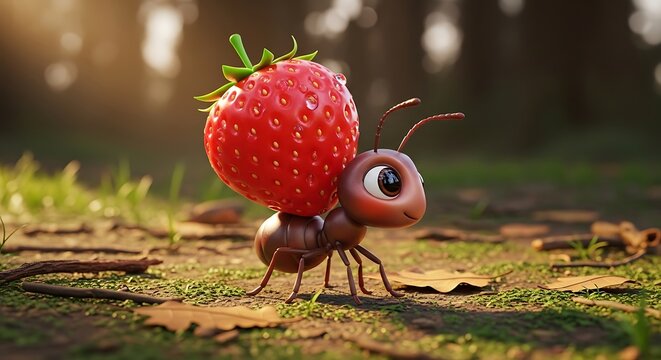 Ant carrying a strawberry
