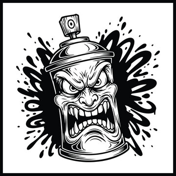 Angry graffiti spray paint can character illustration, black and white cartoon style with aggressive expression and splash background.