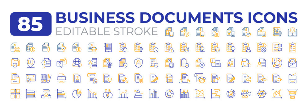 Business documents two color two color line icons big set. Corporate paperwork. Financial reporting management bicolor outline mega pack isolated, pixel perfect. Duotone thin lineart. Editable stroke