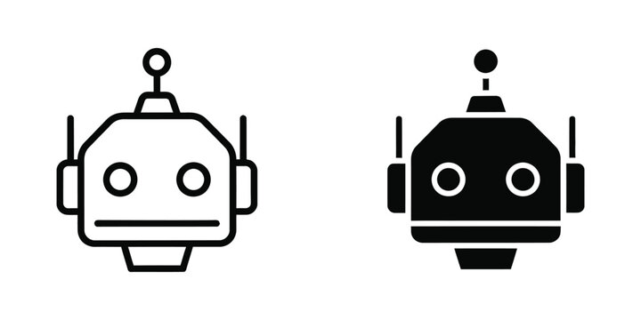 Contrasting styles of robotic faces depicted in black and white line art