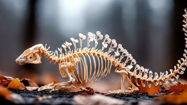 Skeleton of a small animal in a forest setting