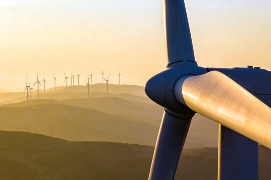 Wind turbine blade, blurred wind farm stretching into distant hills, golden sunrise