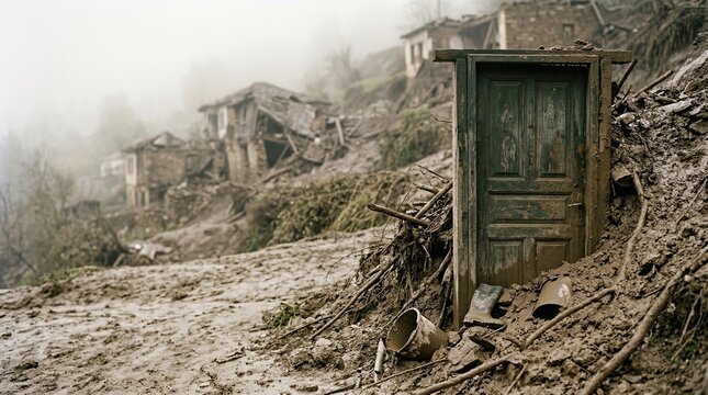 House door partially buried in mudslide debris, destroyed hillside village, hurricane, tornado aftermath