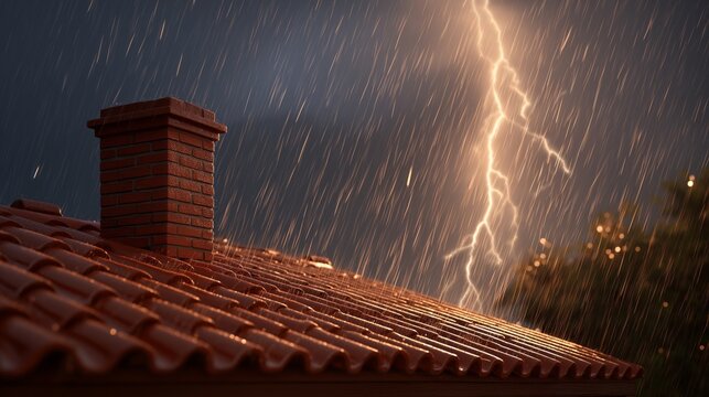 Stormy night with lightning striking over a red-tiled roof