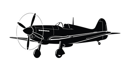 A striking black silhouette of a vintage world war two era fighter plane in mid air showcasing its streamlined design silhouette © Creativekhairul02